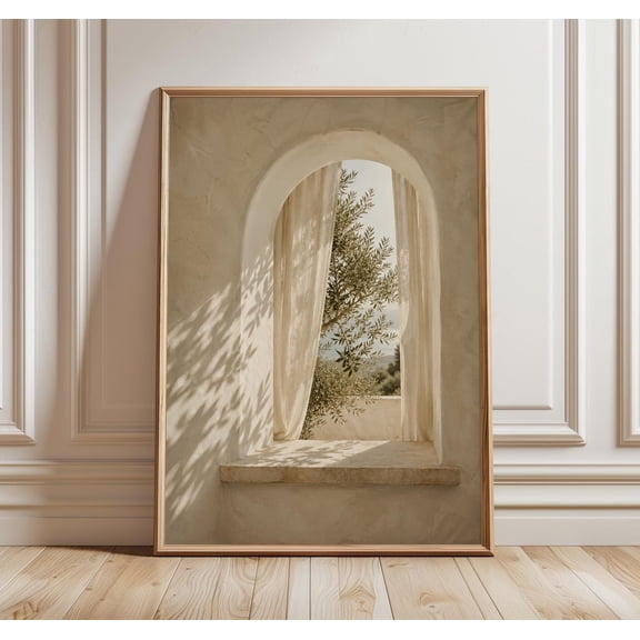 Mediterranean Window Wall Art Arched Olive Tree Print Neutral Coastal Villa Decor Japandi Beige Window, Unframed Paper Print