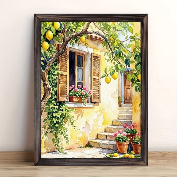 Mediterranean Yellow Villa Lemon Tree Window Framed Wall Art, Solid Wood Frame Tuscan Courtyard Floral Scenery Art Print, Warm Kitchen Bedroom Wall Decor, 12x16in