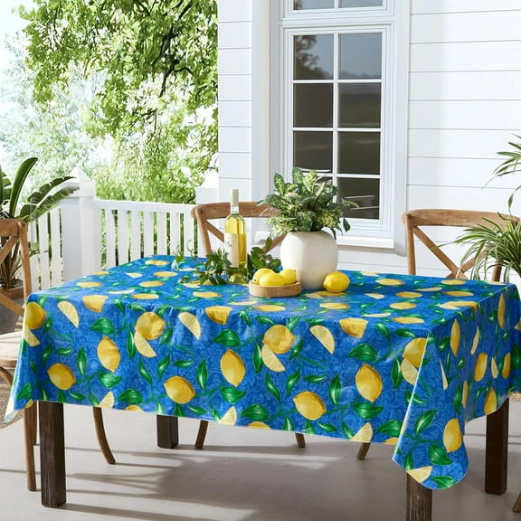 Mediterranean Zest Lemon Print 52 x 52 Inch Square Vinyl Tablecloth Flannel Backed Tablecloth