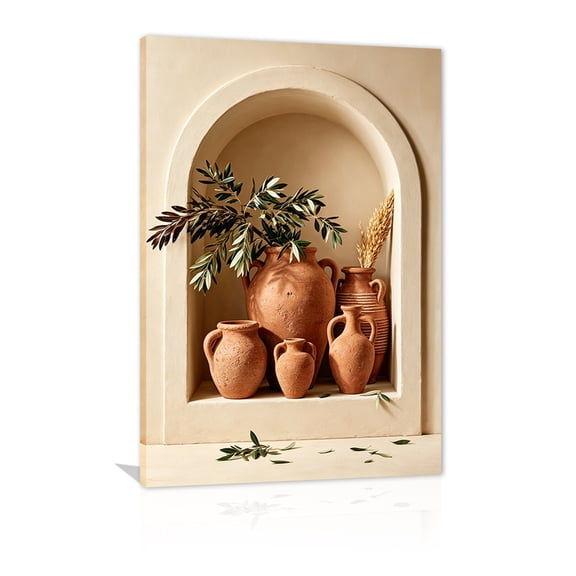 Mediterranean terracotta vase arched niche canvas art, rustic bohemian still life poster, olive branch and wheat ear print, suitable for living room, bedroom, kitchen home wall decoration (framed).