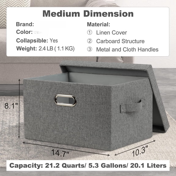 Medium 15" 21 Quart Collapsible Stackable Storage Bins With Lids 3 Packs Grey Foldable Fabric Closet Boxes Heavy-duty Linen Cube Baskets Container For Bedroom Office (15 X 11 8)