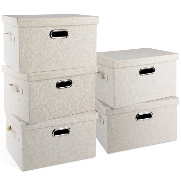 Medium 15" 21 Quart Collapsible Stackable Storage Bins With Lids 5 Packs Beige Foldable Fabric Closet Boxes Heavy-duty Linen Cube Baskets Container For Bedroom Office (15 X 11 8)