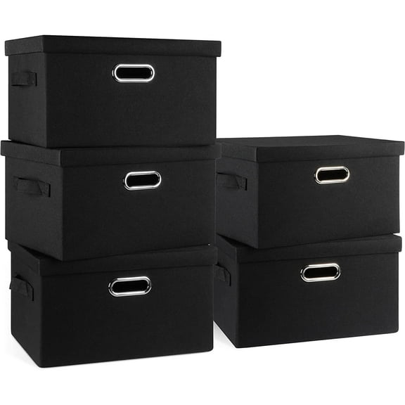 Medium 15" 21 Quart Collapsible Stackable Storage Bins with Lids, 5 Packs Black Foldable Fabric Closet Storage Boxes with Lids, Lidded Heavy-duty Linen Baskets(15x11x8)
