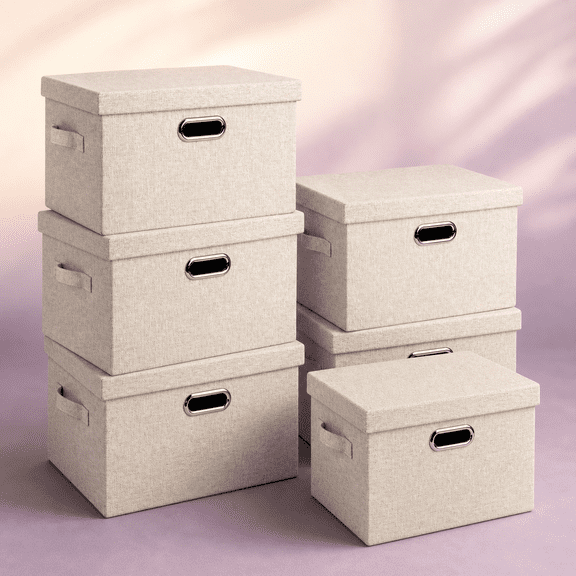 Medium 15" 21 Quart Collapsible Stackable Storbwith Lids 5 Packs Beige Foldable Fabric Closet Boxes Heavy-duty Linen Cube Baskets Container For Bedroom Office (15 X 11 8)