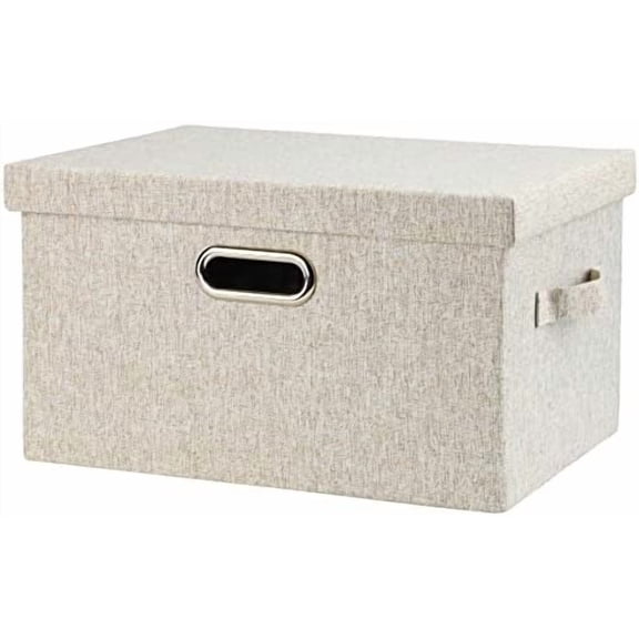 Medium 15" 21 Quart Collapsible Stackable Storage Bins with Lids, 1 Pack Beige Foldable Fabric Closet Storage Boxes with Lids, Heavy-duty Linen Baskets for Bedroom