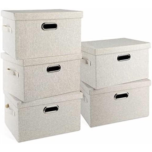 Medium 15" 21 Quart Collapsible Stackable Storage Bins with Lids, 5 Packs Beige Foldable Fabric Closet Boxes Heavy-duty Linen Cube Baskets Container for Bedroom Office (15 x 11 x 8)