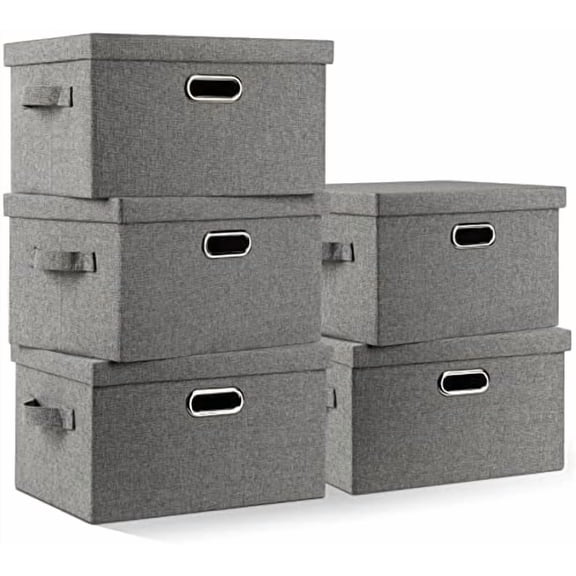 Medium 15" 21 Quart Collapsible Stackable Storage Bins with Lids, 5 Packs Grey Foldable Fabric Closet Boxes Heavy-duty Linen Cube Baskets Container for Bedroom Office (15 x 11 x 8)