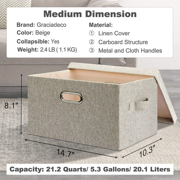 Medium 15" Collapsible Storage Bins with Lids, 5 Pack Beige Foldable Fabric Closet Organizers