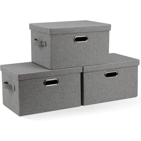 Medium 15 Inch 21 Quart Collapsible Stackable Storage Bins with Lids 3 Pack Gray Foldable Fabric Closet Boxes Heavy Duty Linen Cube Baskets
