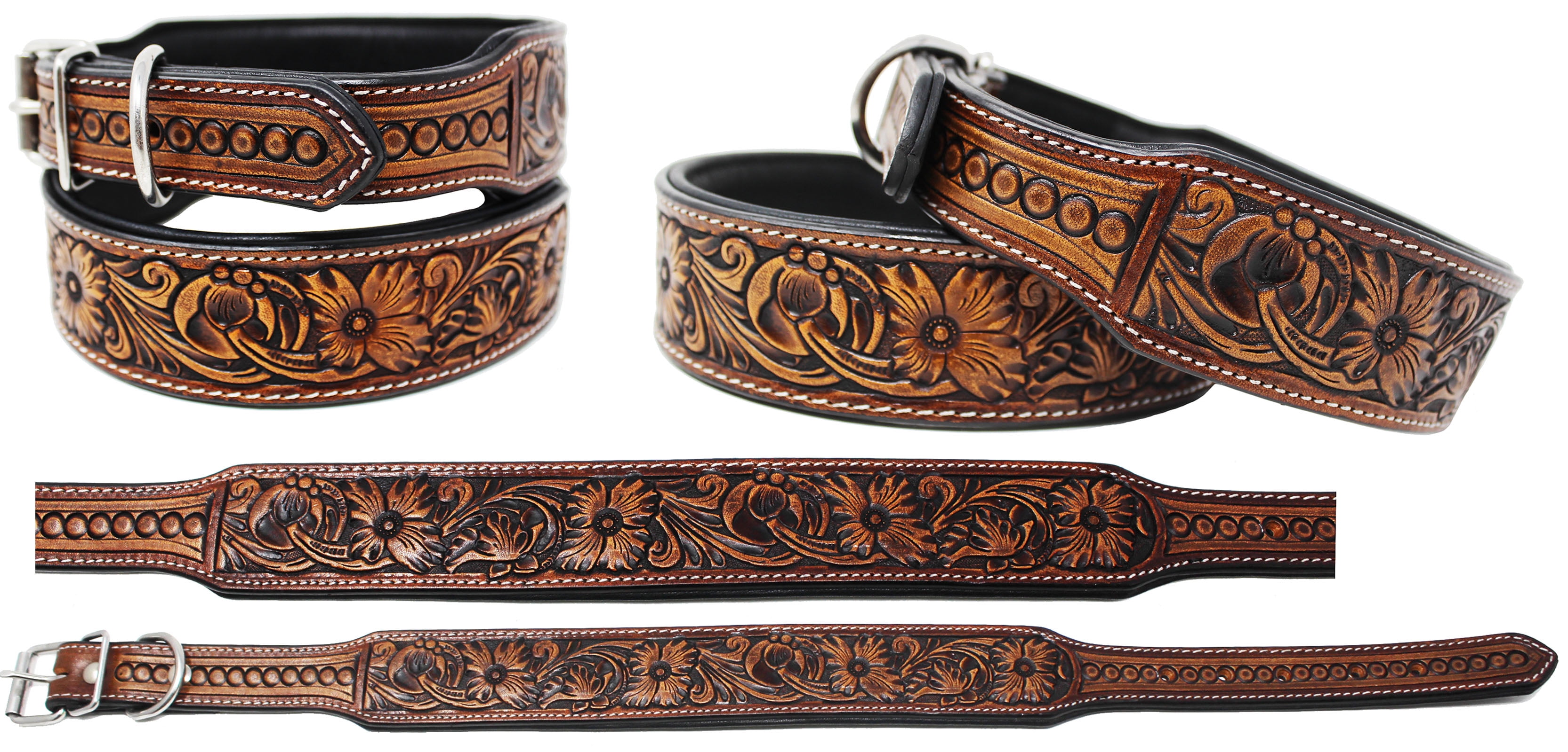 Medium 17''- 21'' Cow Leather USA Challenger Western Tooled Puppy Dog Collar 60FK12