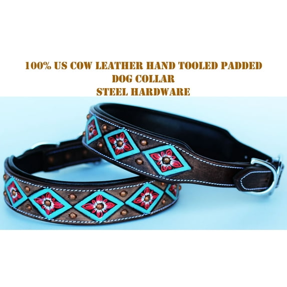 Medium 17''- 21'' Dog Puppy Collar Genuine Cow Leather Padded Canine 6020TR