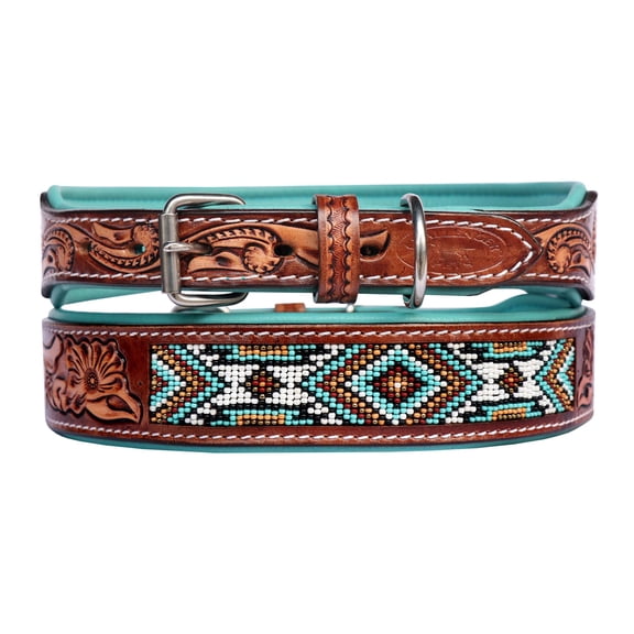 Medium 17''- 21'' Handcrafted Padded Tan Leather Floral Tooled Beaded Dog Collar 60207