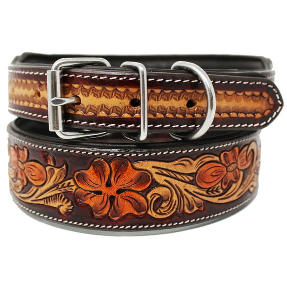 Medium 17''- 21'' Padded Leather Dog Collar Heavy Duty Floral Tooled 60FK19