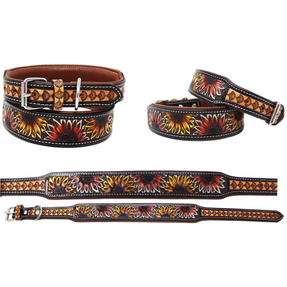 Medium 17''- 21'' Padded Leather Hand Crafted Tooled Dog Collar 60FK45