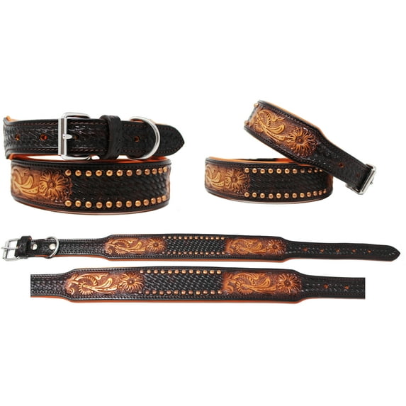 Medium 17''- 21'' Padded Leather Hand Crafted Tooled Dog Collar 60FK46
