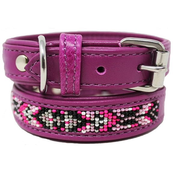 Medium 17''- 21'' Soft Genuine Leather Beaded Padded Dog Puppy Collar  60RT13PR