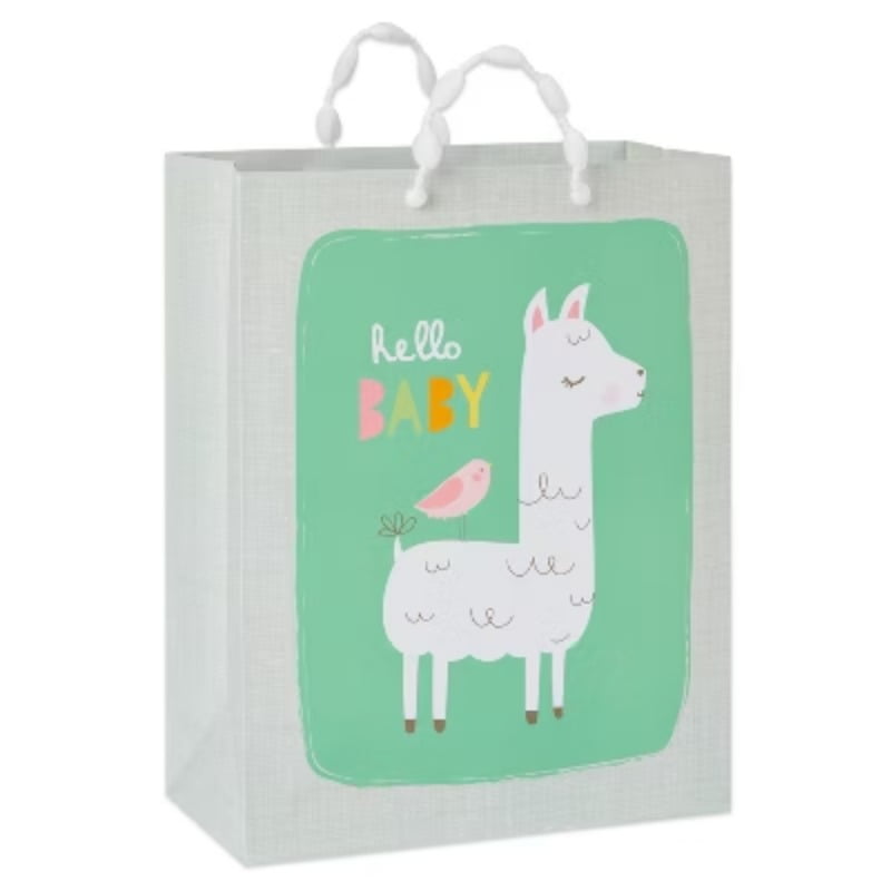 Medium 'Hello Baby' Llama and Bird Baby Shower Gift Bag - Spritz: Multicolor Animal Pattern, 12.75" Height