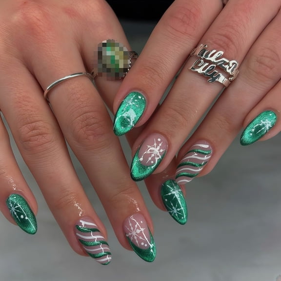 Medium Almond Christmas Press on Nails, Green Glitter Fake Nails with White Snowflake & Striped Design, Reusable Glue‑on False Nails for Women, Buy 2 Get 1 Free