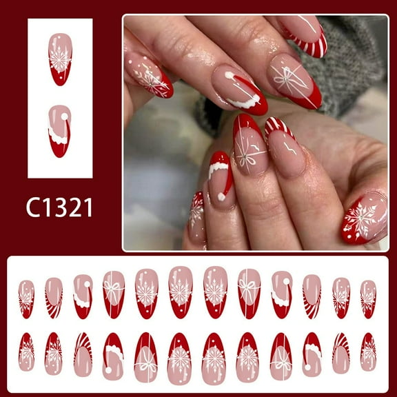 Medium Almond Glossy Press On Nails 2025 Christmas - Red Stripes, Santa Hat & Snowflake Design - 24Pcs False Nails