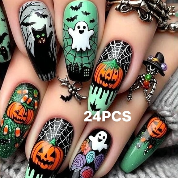 Medium Almond Halloween Press On Nails, 24PCS 3D Ghost Jack O Lantern Cat Bat Spider Web Candy Print Fake Nail Tips, Nail Kit with Jelly Glue & Nail File for Halloween Party DIY Manicure Decor