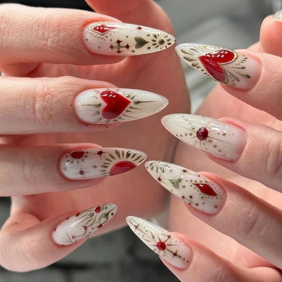 Medium Almond Nails Press on Medieval White Red Fake Nails Acrylic False Nails with Heart Vintage Designs 24PCS for Women Girls