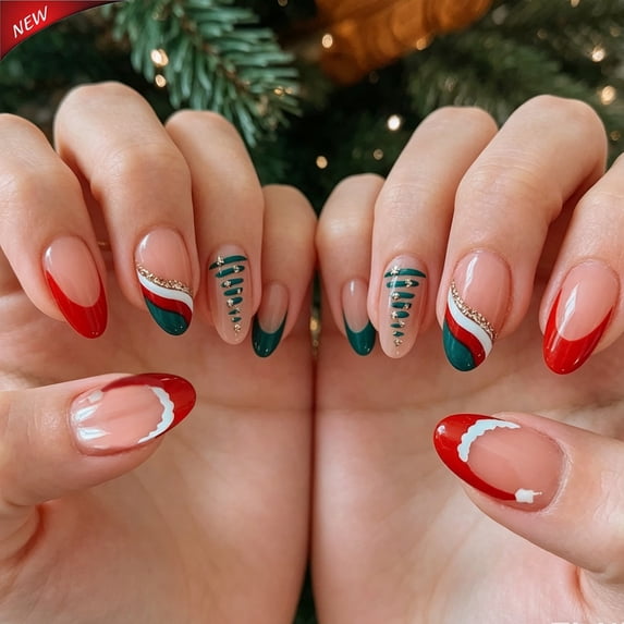 Medium Almond Press On Nails, Christmas Fake Nails, Nude Red Green French Tip Gold Glitter Glue On Nails, Glossy Acrylic Full Cover False Nail Tips, 24Pcs Reusable Nails for Xmas Holiday Manicure