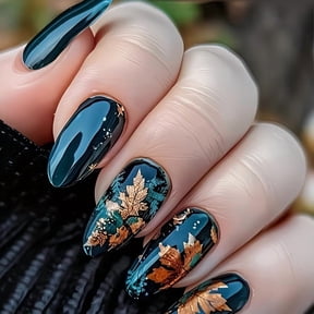 Medium Almond Press-On Nails - 24 Pieces, Dark Green with Gold Foil Maple Leaf Design for Autumn & Winter