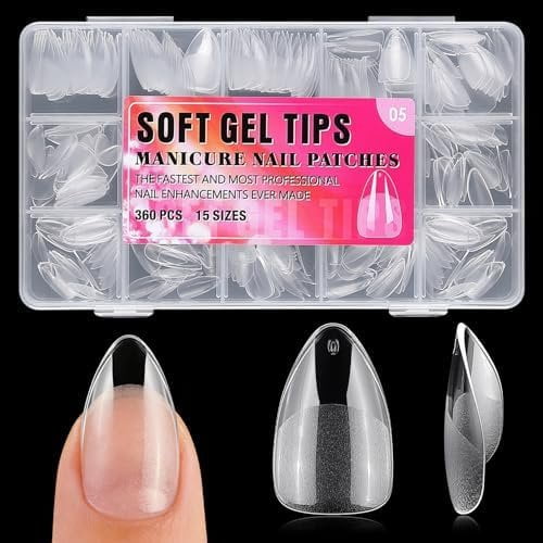 Medium Almond  Tips, 360 count Gel  Tips Almond Medium  Nails, Full Cover Clear 15 Size  Nails Tips for  Extensions, Press  Nails Making
