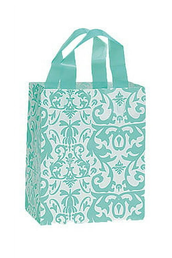 Medium Aqua Damask Frosted Plastic Shopping Bags - 8" x 5" x 10" - Case of 100