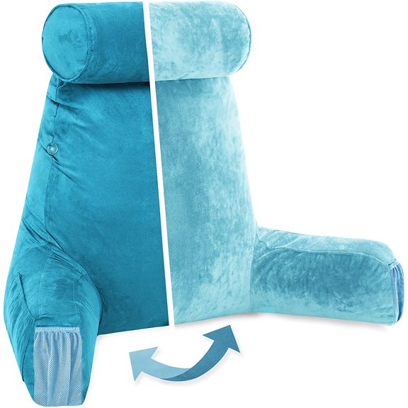 Medium Aspen Edition Rodeo Blue, Sit Up Reading & Bed Rest with Arms, Ultra-Comfy, Detach Neck Roll - Premium Shredded Memory Foam Backrest, Reverses to Micro: Suede or Plush