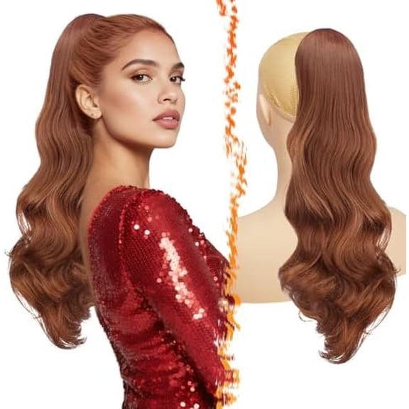 Medium Auburn Wavy Drawstring Ponytail Extensions - 20 Inch Drawstring Comb Clip in Ponytail Extensions for Women, Synthetic  Looking Curly Wavy Auburn Pony Tails Hairpieces