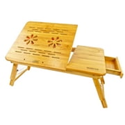 Medium Bamboo Laptop Portable Table Tray Desk w/ USB FAN - Height Adjustable, Foldable, 8 Tilting Angles, Cup Holder, Drawer, with USB Cooling Fan - Perfect Breakfast Serving Bed Tray