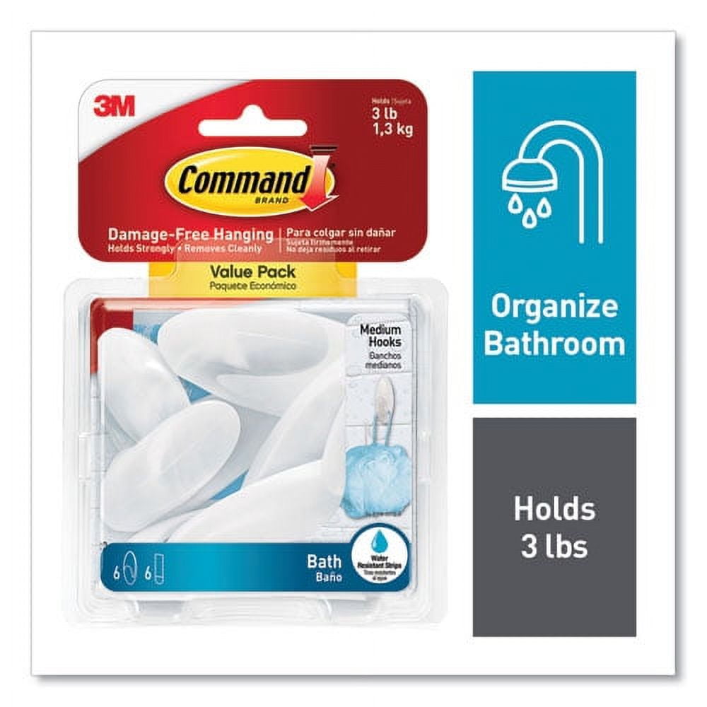 Medium Bath Hooks Value Pack, Plastic, White, 3 lb Capacity, 6 Hooks and 6 Strips Medium Bath Hooks Value Pack, Plastic, White, 3 lb Capacity, 6 Hooks and 6 Strips