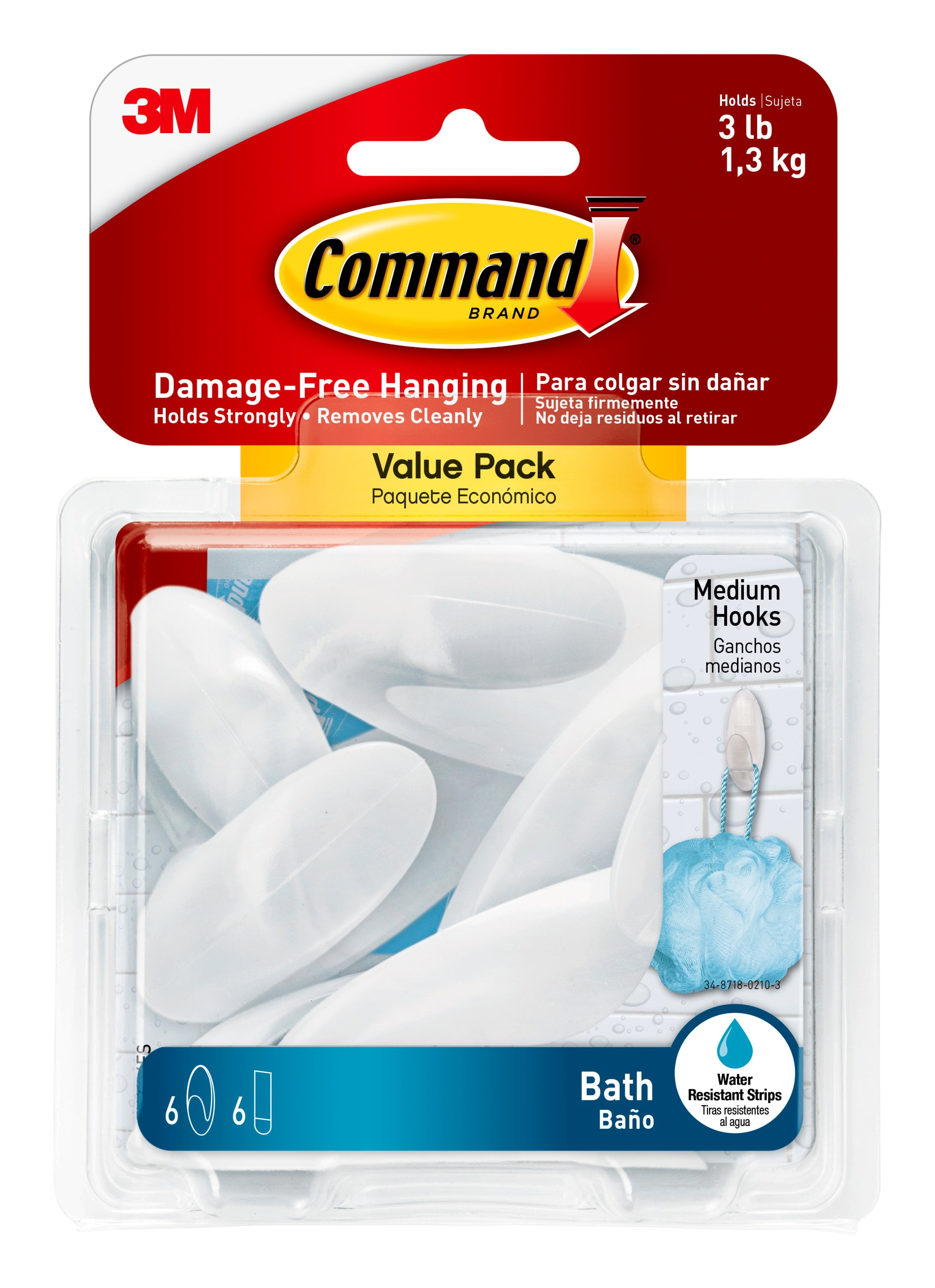 Medium Bath Hooks Value Pack, Plastic, White, 3 Lb Capacity, 6 Hooks And 6 Strips | Bundle of 5 Each