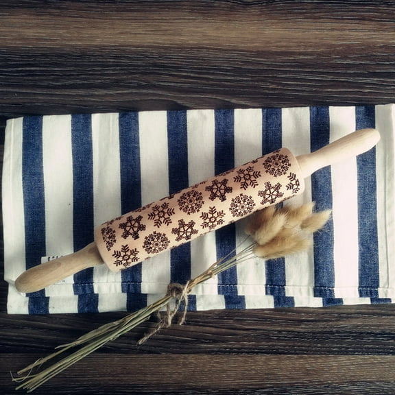 Medium Beech Wood Rolling Pin 15 Inch Snowflake Engraved Wooden Dough Roller for Baking, Pastry Cookie Pizza Fondant Roller, Classic Kitchen Baking Tool