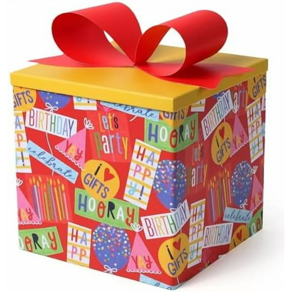 Medium Birthday Gift Boxes with Lids for Presents, 9x9x9 Inches Colorful Party Pop Design Collapsible Gift Box for Birthday, Baby Shower, Party