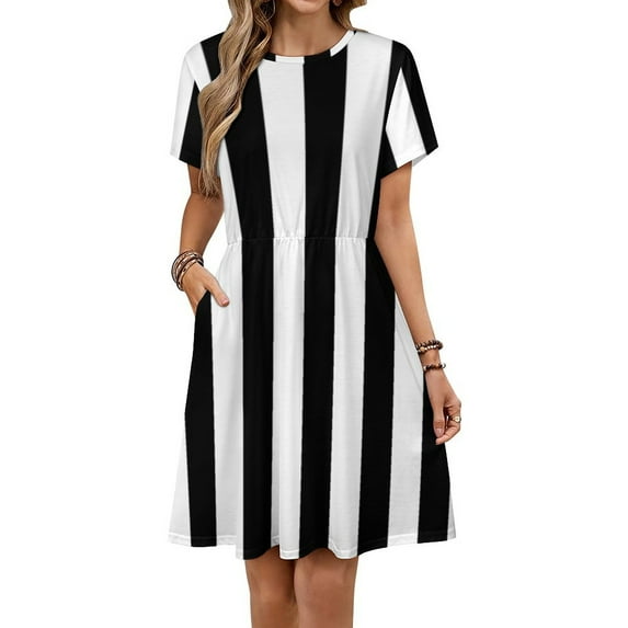 Medium Black And White Stripes Vertical Direction Dress Summer Street Style Dresses Female Short Sleeve Printed Sundress