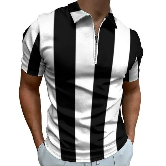 Medium Black And White Stripes Vertical Direction Men Zipper T-shirt Summer Casual Short Sleeve T-shirt Top