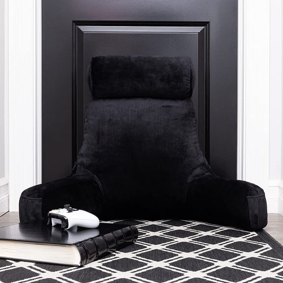 Medium Black, Backrest for Kids, Teens, Petite Adults - Reading Pillows with Arms, Adjustable Loft, Plush Memory Foam, Bed Rest Chair for Sitting Up, Detach Neck Roll, Removable Cover