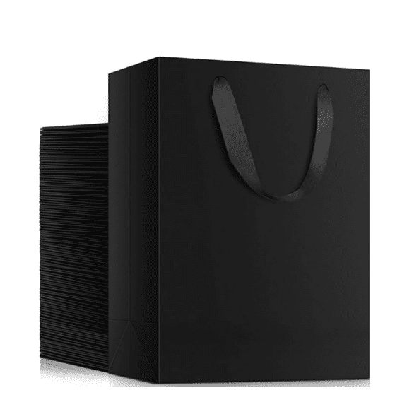 Medium Black Gift Wrap Bags, 50 Pack 7.8x3.9x11 inches Shopping Bags with Handles Bulk, Merchandise Retail Wrapping Bags for Business, Craft Grocery, Boutique, Party Favor, Wedding
