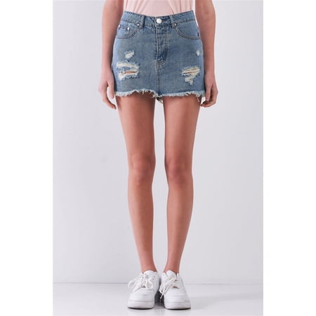 Medium Blue Washed Denim Ripped High Waist Raw Hem Detail Mini Skirt