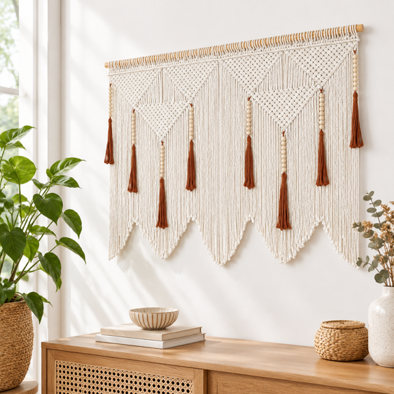 Medium Boho Woven Macrame Wall Hanging with Wood Bead Tassel, 14.02 x 12.52 x 3.39 in