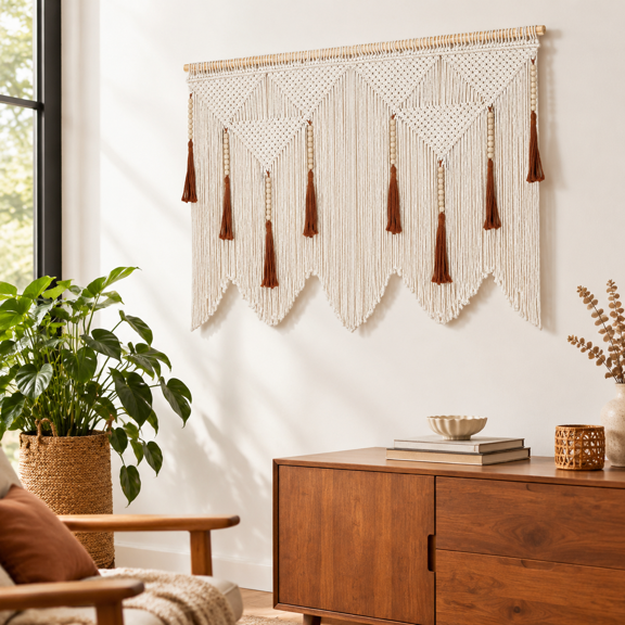 Medium Boho Woven Macrame Wall Hanging with Wood Bead Tassel, 14.02 x 12.52 x 3.39 inches