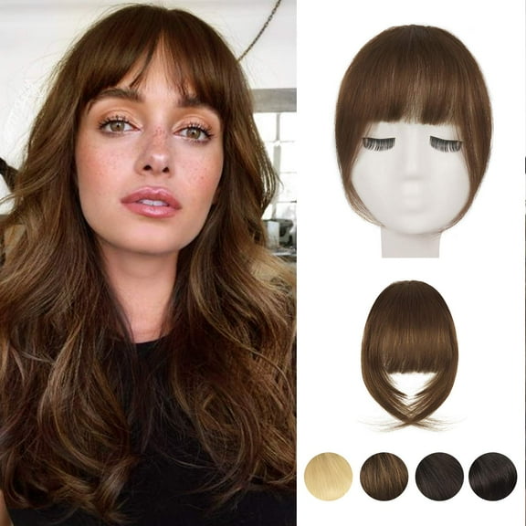 Medium Brown Human Hair Bangs Clip in - 100% Real Human Hair Clip in Bangs for Women - Medium Brown French Bang Extensions Natura Fringe with Temples Hairpieces