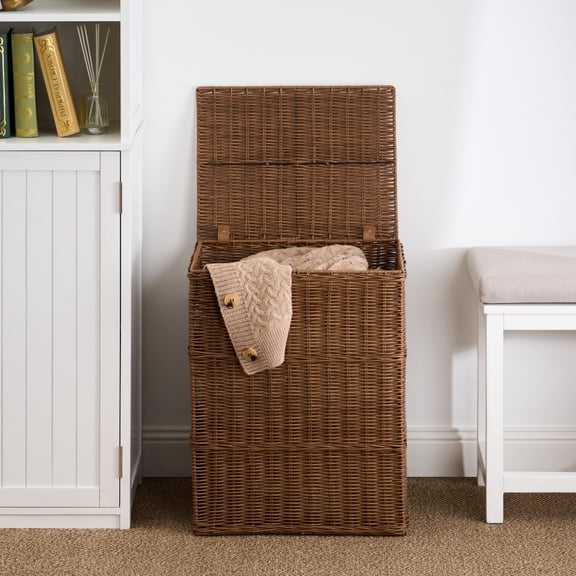 Medium Brown Resin Wicker Laundry Hamper, 97-Qt Rectangular Breathable Nautical-Style Clothes Basket