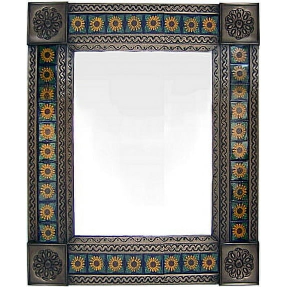 Medium Brown Sunflower Tile Talavera Tin Mirror