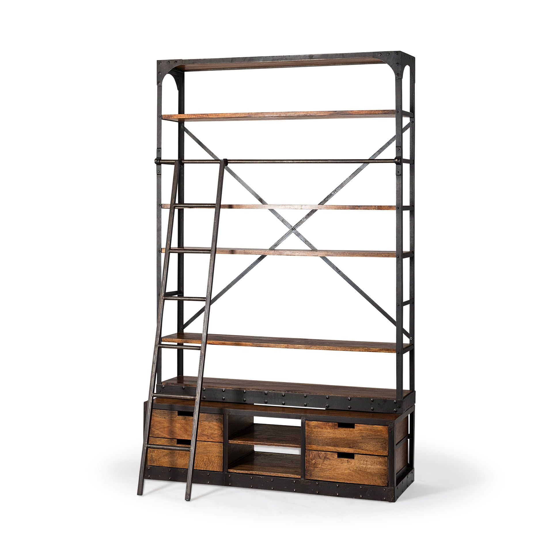 Medium Brown Wood Shelving Unit With Copper Ladder And 4 Shelves Medium Brown Wood Shelving Unit With Copper Ladder And 4 Shelves