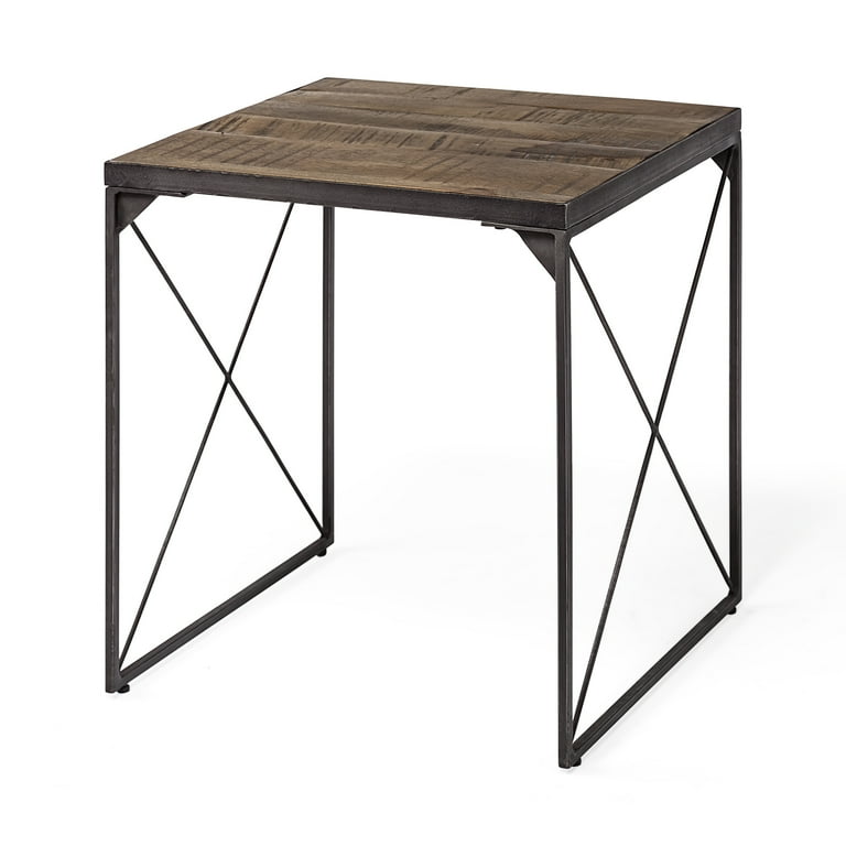 Medium Brown Wood Side Table With Square Top And Iron Cross Braced Medium Brown Wood Side Table With Square Top And Iron Cross Braced