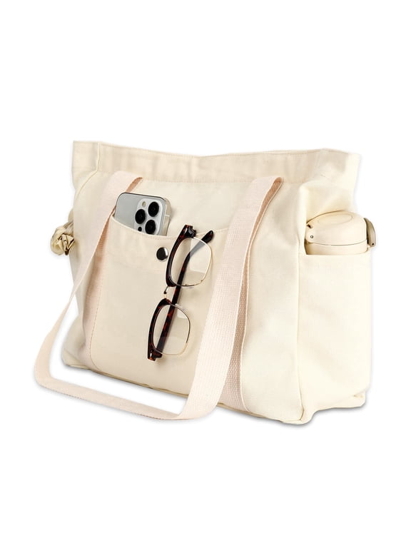 Medium Canvas Tote Bag with Zipper & Multi-Pocket, Heavy Duty Reusable Canvas Purse for Women Men Work Handbag