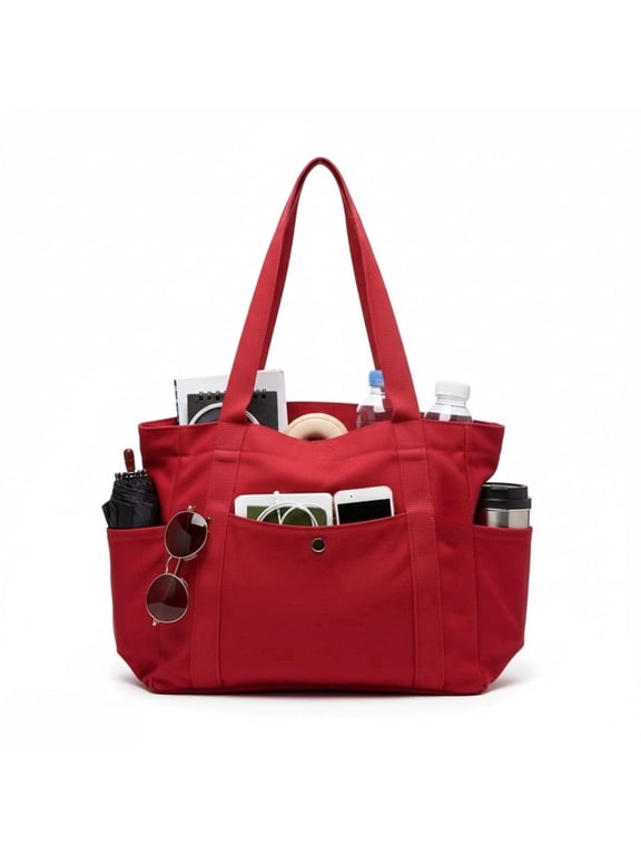 Medium Canvas Tote Bag with Zipper & Multi-Pocket, Heavy Duty Reusable Canvas Purse for Women Men Work Handbag